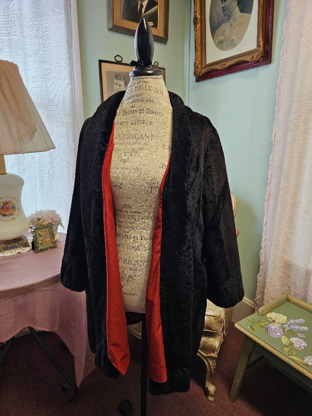 Vintage 50s 60s Black Faux Fur Swing Coat Burnt Orange Lining Mid Century Glam